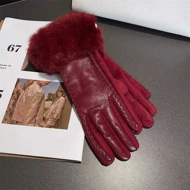 PU Leather Stitching Suede Gloves Wine Red - Shop at LoveMi