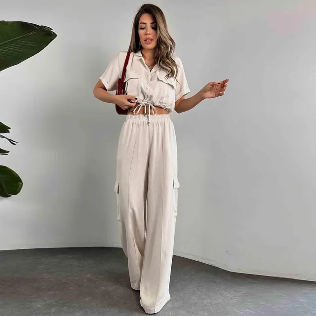 European And American Summer Fashion Casual Suit Women's Short sleeved Overalls Two piece Set Beige - Shop at LoveMi