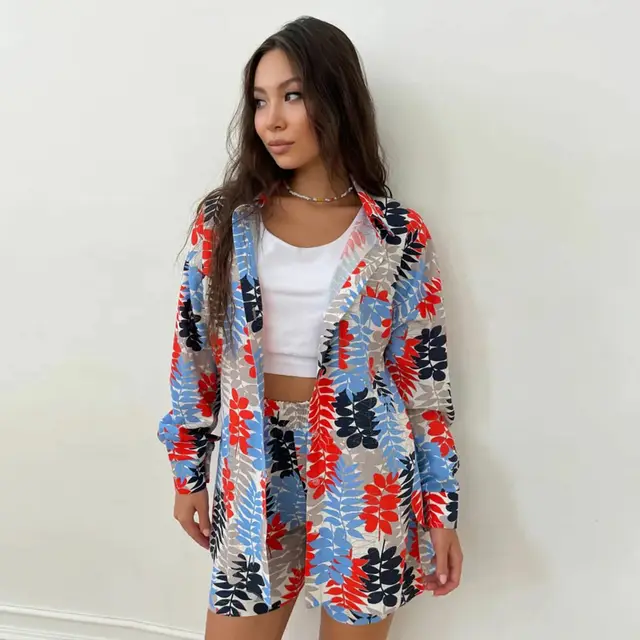 European And American Suit Women's Printed Long sleeved Shirt Shorts Ladies Red - Shop at LoveMi