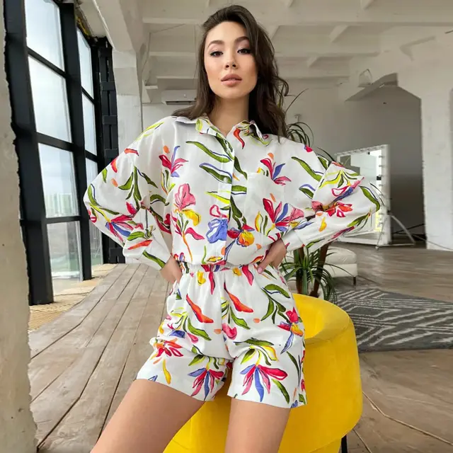 European And American Suit Women's Printed Long sleeved Shirt Shorts Ladies White - Shop at LoveMi