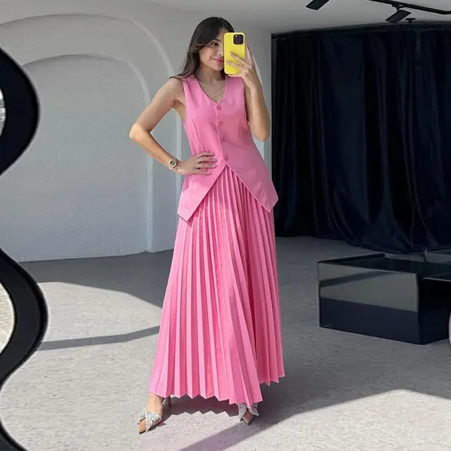 Women's Vest Pleated Skirt Elegant Two piece Set Pink - Shop at LoveMi