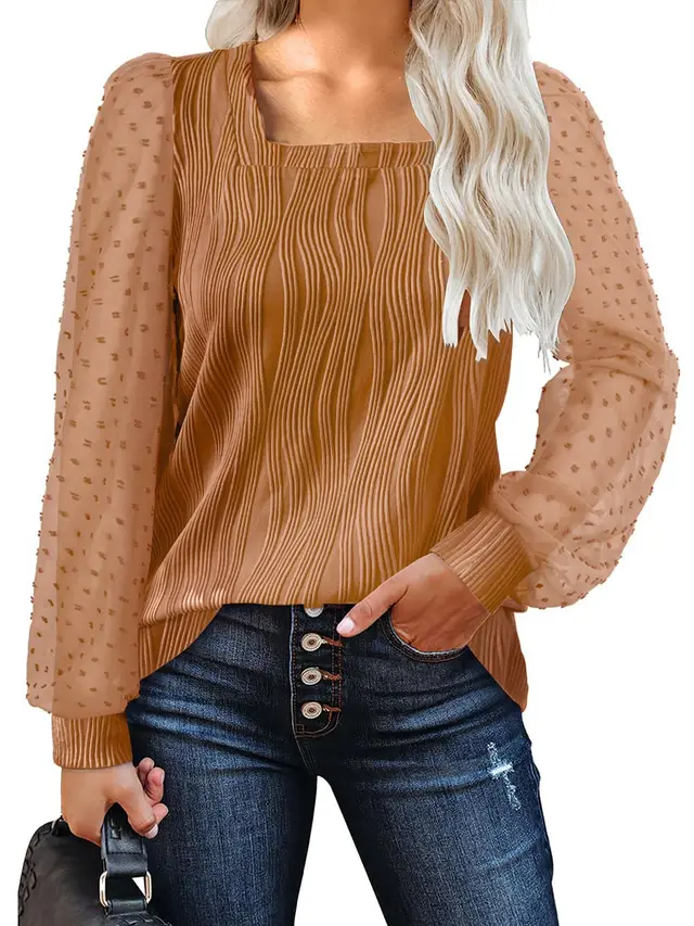 Water Ripple Women's Fashion Casual Long Sleeve Top Camel - Shop at LoveMi