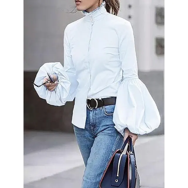 Stand Collar Puffy Sleeve Tup Cardigan Long Sleeve Lapel Shirt White - Shop at LoveMi