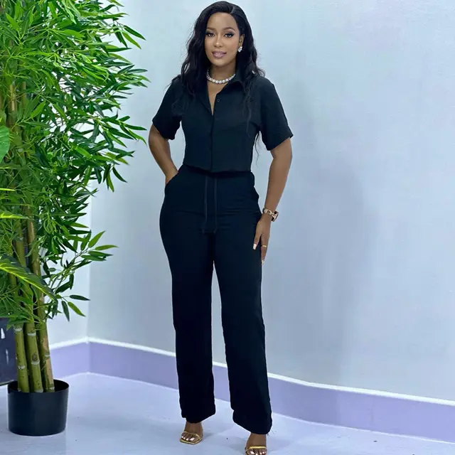 Solid Color Short Sleeve Fashion Casual Two piece Suit Black - Shop at LoveMi