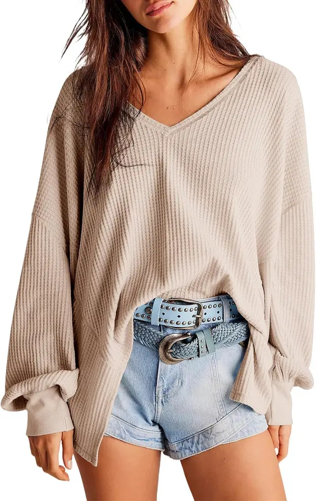 Women's Waffle Knit Blouse Lantern Sleeve Casual Shirt Off White - Shop at LoveMi