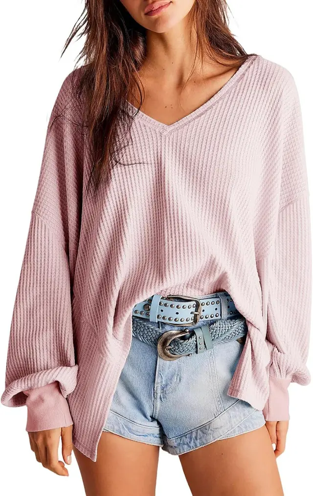 Women's Waffle Knit Blouse Lantern Sleeve Casual Shirt Pink - Shop at LoveMi