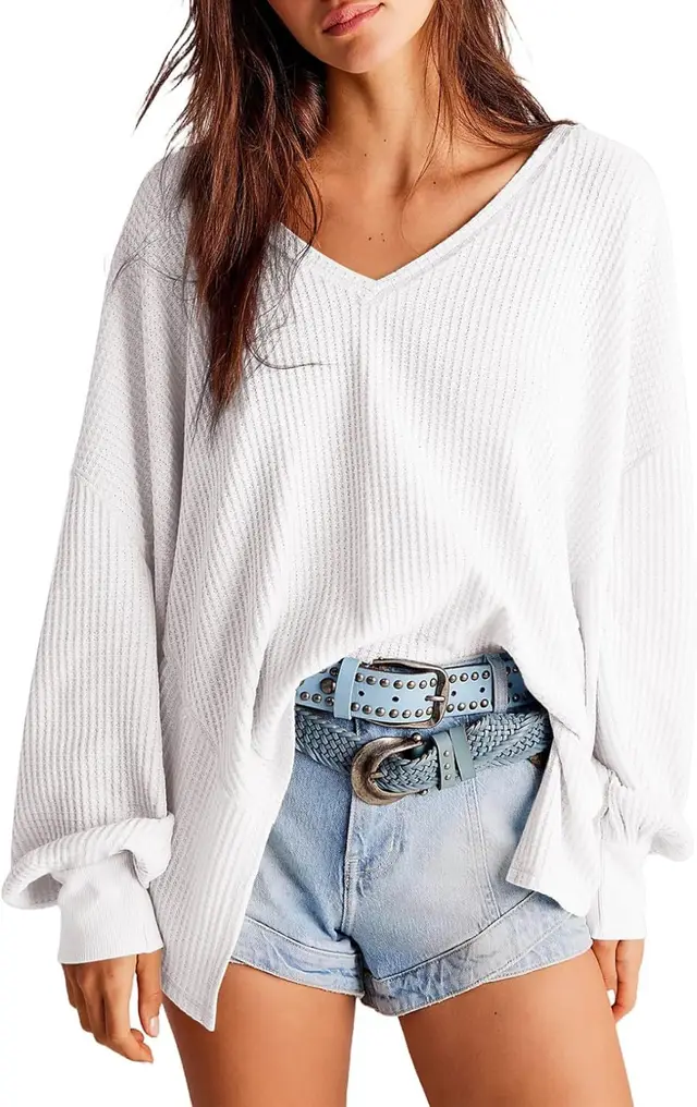 Women's Waffle Knit Blouse Lantern Sleeve Casual Shirt White - Shop at LoveMi