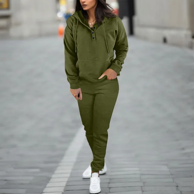 Solid Color Hooded Long Sleeve Sweater Fashion Ankle tied Trousers Two piece Suit Army Green - Shop at LoveMi