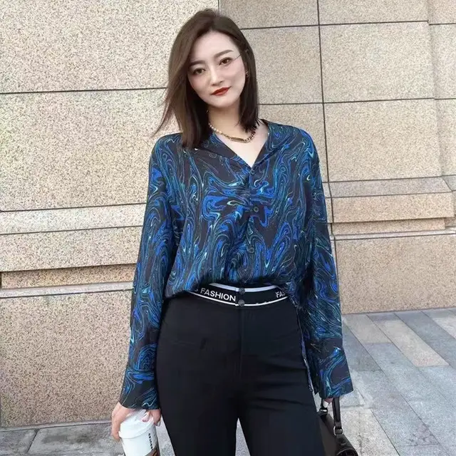 Same Style With Mall Retro Lapels V neck Blue Ink Pattern Long Sleeve Shirt Blue - Shop at LoveMi