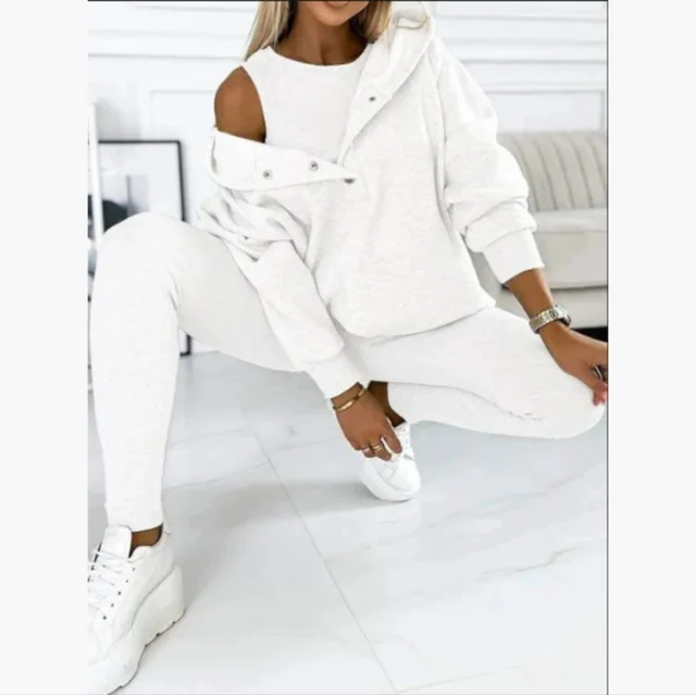 Women's Solid Color Vest Hoodie And Pants Set White - Shop at LoveMi