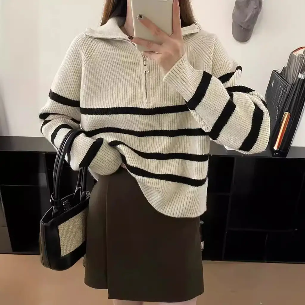 Casual Half Zipper And Lapel Coat Women's Striped Long-sleeved Sweater - Black Stripes