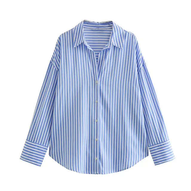 Autumn Women Clothing Printed Silk Satin Texture Drape Shirt Blue Stripes - Shop at LoveMi