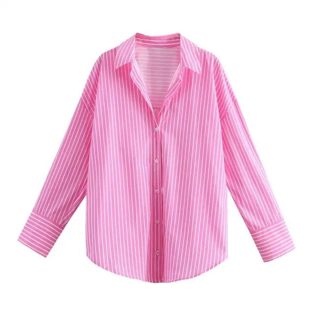 Autumn Women Clothing Printed Silk Satin Texture Drape Shirt Pink Striped - Shop at LoveMi