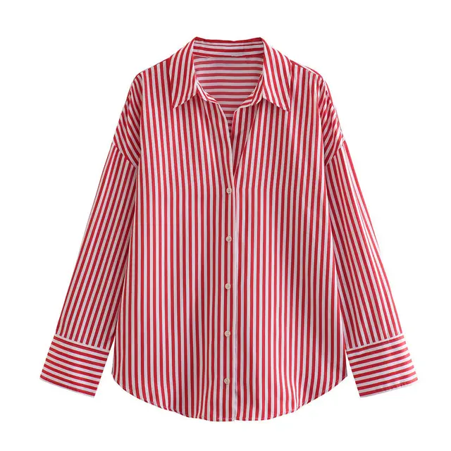 Autumn Women Clothing Printed Silk Satin Texture Drape Shirt Red Stripes - Shop at LoveMi