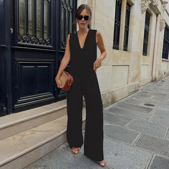 European And American Women's Cotton And Linen Sleeveless Vest Waistcoat Trousers Two piece Set Black - Shop at LoveMi