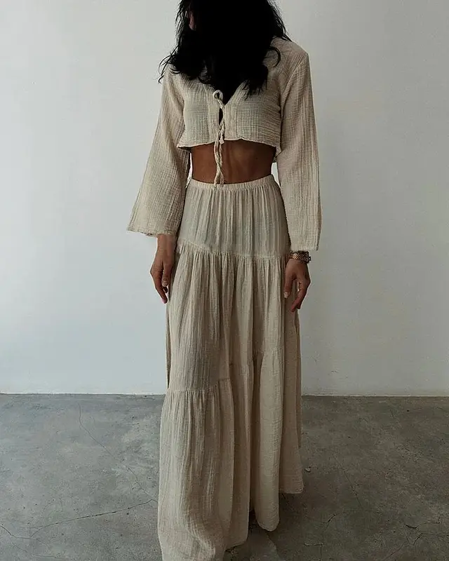 Fashion Cardigan V neck Lace up High Slit Cotton And Linen Two piece Suit Skirt Apricot - Shop at LoveMi