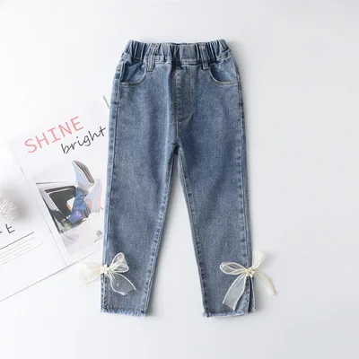 Korean Style Young And Little Girls Baby Sweet Fashion Bowknot Slim Jeans Fashion Light Blue - Shop at LoveMi