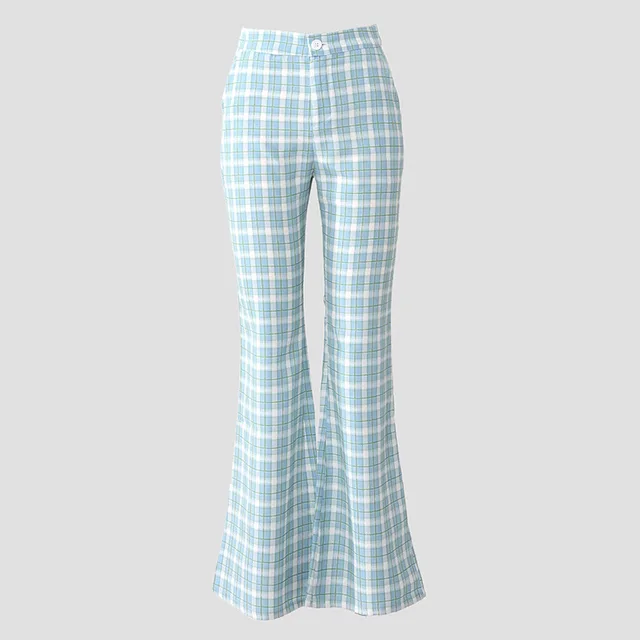 Retro Blue Plaid Casual Pants For Women Light Blue Lengthened - Shop at LoveMi