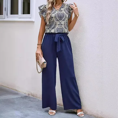 Fashionable Temperament V neck Floral Top Belt Wide Leg Pants Suit Navy Blue - Shop at LoveMi