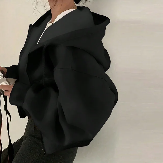 Simple Temperament Hoodie With Drawstrings Design Sense Loose Long Sleeve Sweatershirt Cardigan Coat Black - Shop at LoveMi
