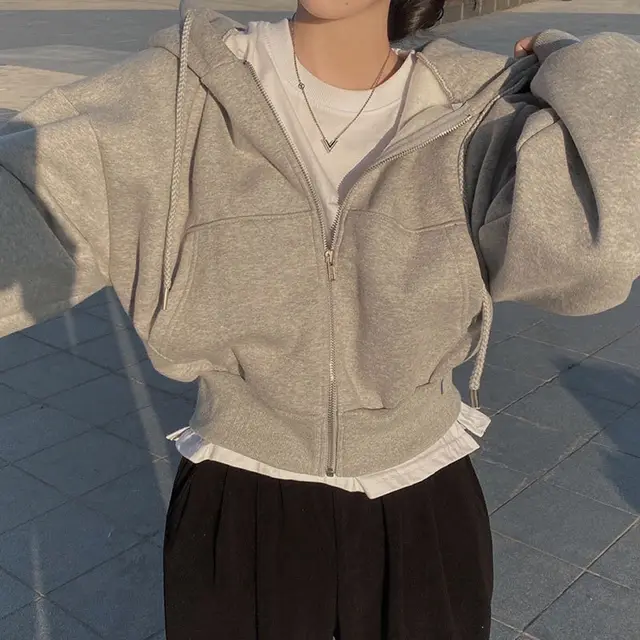 Simple Temperament Hoodie With Drawstrings Design Sense Loose Long Sleeve Sweatershirt Cardigan Coat Gray 2 - Shop at LoveMi