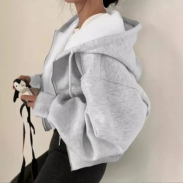 Simple Temperament Hoodie With Drawstrings Design Sense Loose Long Sleeve Sweatershirt Cardigan Coat Gray - Shop at LoveMi