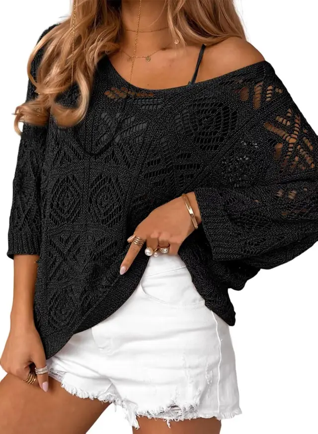 European And American Spring And Summer Crochet Hollow out Three quarter Sleeve Pullover Sweater Off the shoulder T shirt Black - Shop at LoveMi