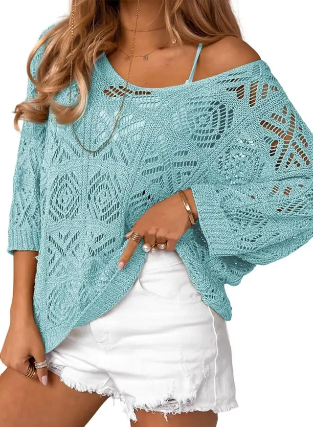 European And American Spring And Summer Crochet Hollow out Three quarter Sleeve Pullover Sweater Off the shoulder T shirt Light Blue - Shop at LoveMi