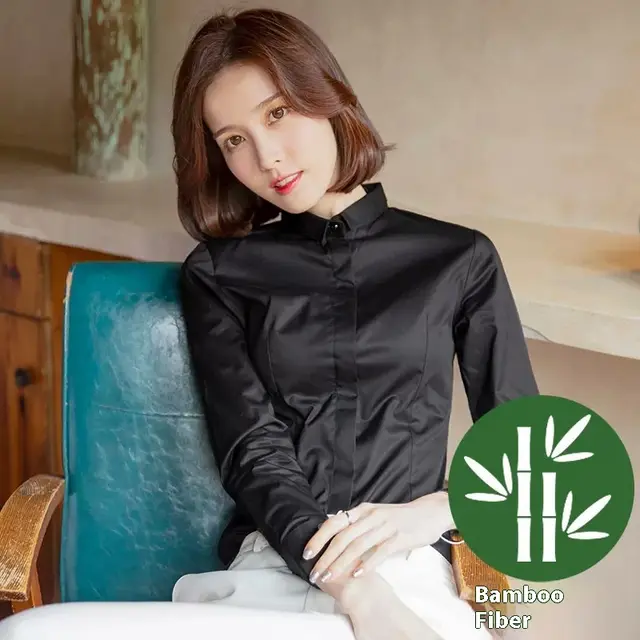 Bamboo Fiber White Shirt Women's Long Sleeve New Collar Black658 - Shop at LoveMi