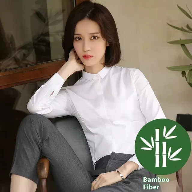 Bamboo Fiber White Shirt Women's Long Sleeve New Collar White658 - Shop at LoveMi
