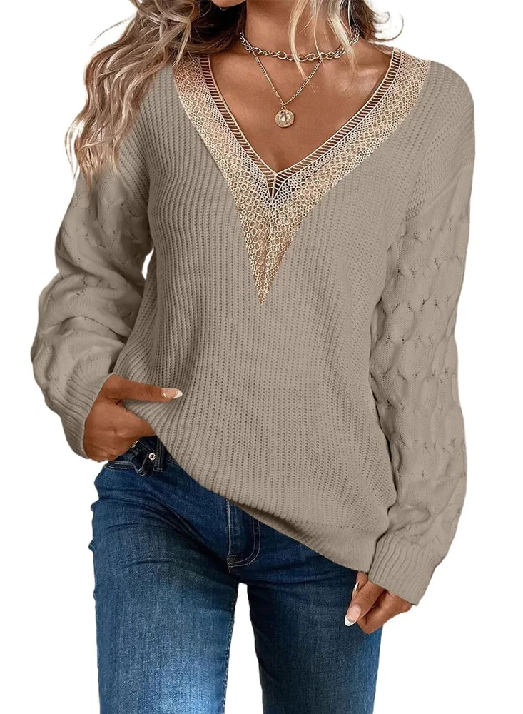 Sexy Lace V neck Knitted Drop shoulder Pullover Sweater Top Khaki - Shop at LoveMi