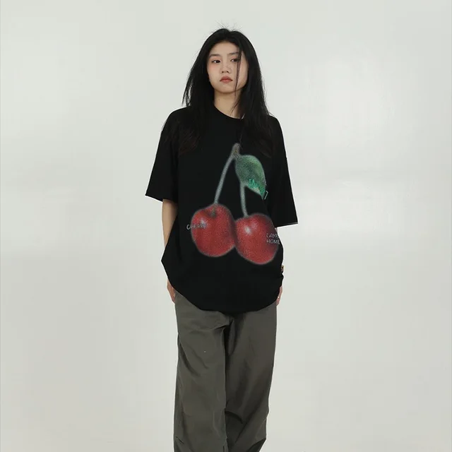 Women's Simple Cherry Print Short sleeved T shirt Black - Shop at LoveMi