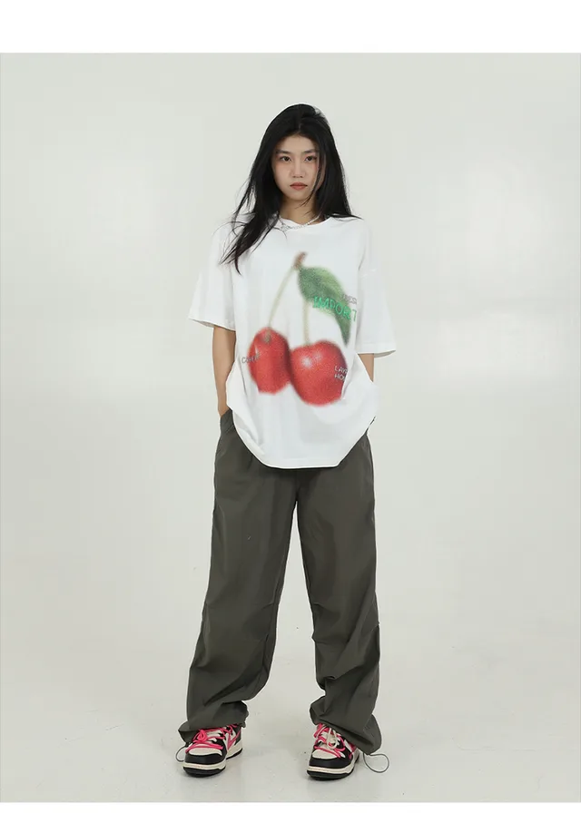 Women's Simple Cherry Print Short sleeved T shirt White - Shop at LoveMi