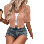 Front Button Pointelle Knitted Cropped Cardigan Sweater - Orange