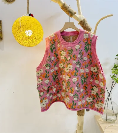 Women's Sleeveless Three dimensional Floral Knitted Vest Pink - Shop at LoveMi