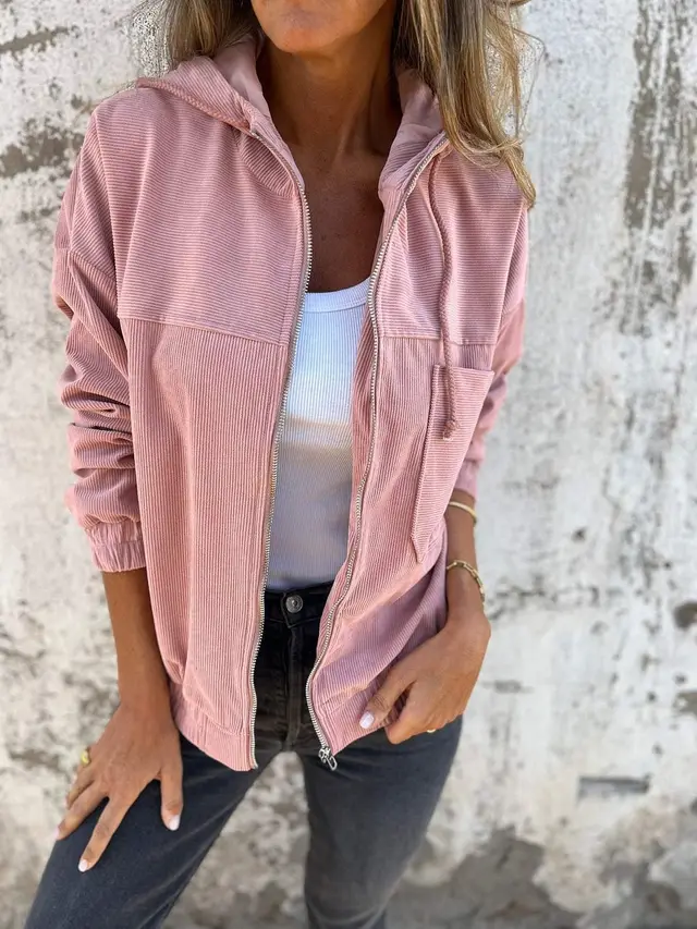 Corduroy Hooded Zip up Jacket With Pockets Fashion Casual Drawstring Tops Outerwear Women's Clothing Pink - Shop at LoveMi