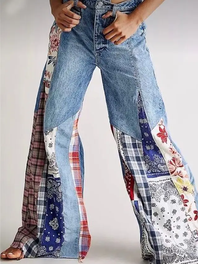 Retro Denim Stitching Button High Waist Wide Leg Jeans Blue - Shop at LoveMi