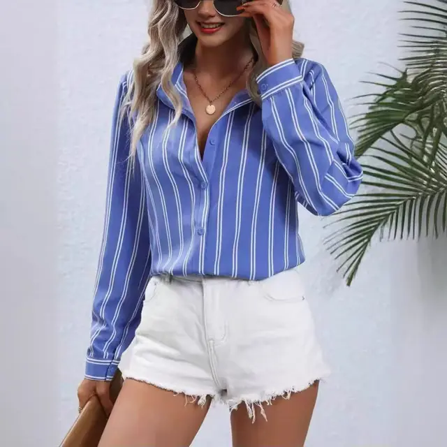 Commute Style Fashion Striped Loose Long Sleeve Shirt Blue - Shop at LoveMi
