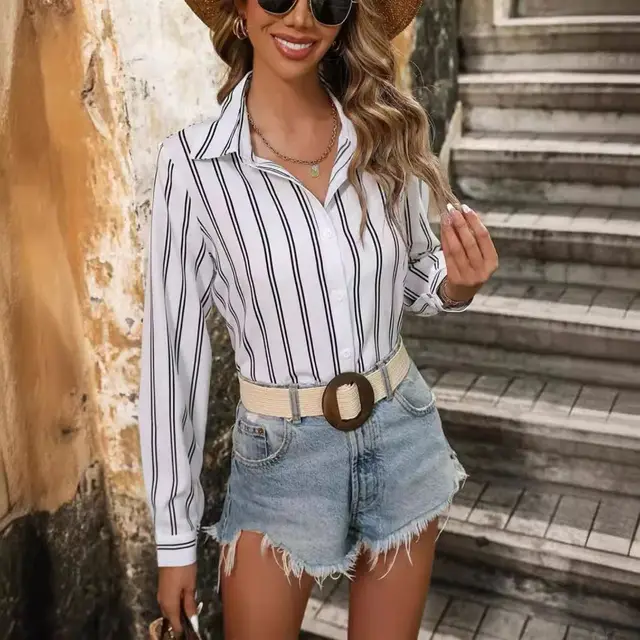 Commute Style Fashion Striped Loose Long Sleeve Shirt White - Shop at LoveMi