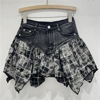 Heavy Industry Stitching Plaid Contrast Color Design Washed Stretch Denim Skirt Black - Shop at LoveMi