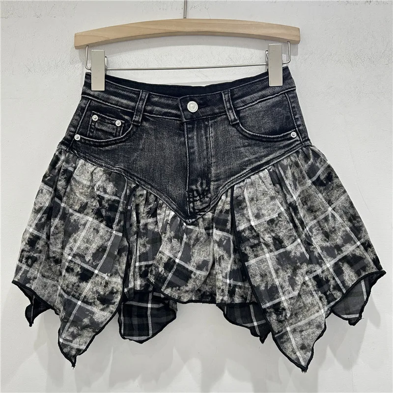 Heavy Industry Stitching Plaid Contrast Color Design Washed Stretch Denim Skirt Black - Shop at LoveMi
