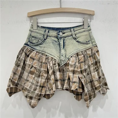 Heavy Industry Stitching Plaid Contrast Color Design Washed Stretch Denim Skirt Khaki - Shop at LoveMi