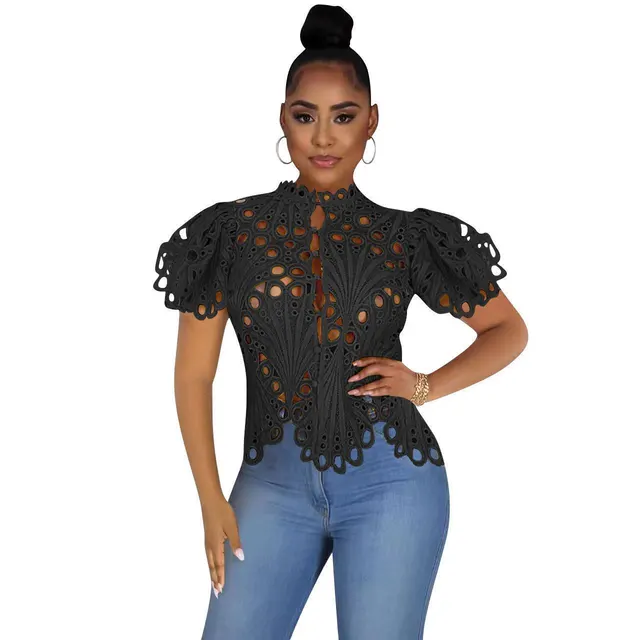 Sexy Cutout See through Nightclub Puff Short Sleeve Irregular Top Women's Lace Shirt Black - Shop at LoveMi