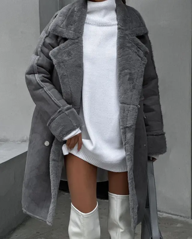 Suede Coat Suit Collar Long Cardigan Long Sleeve Plush Coat Dark Gray - Shop at LoveMi