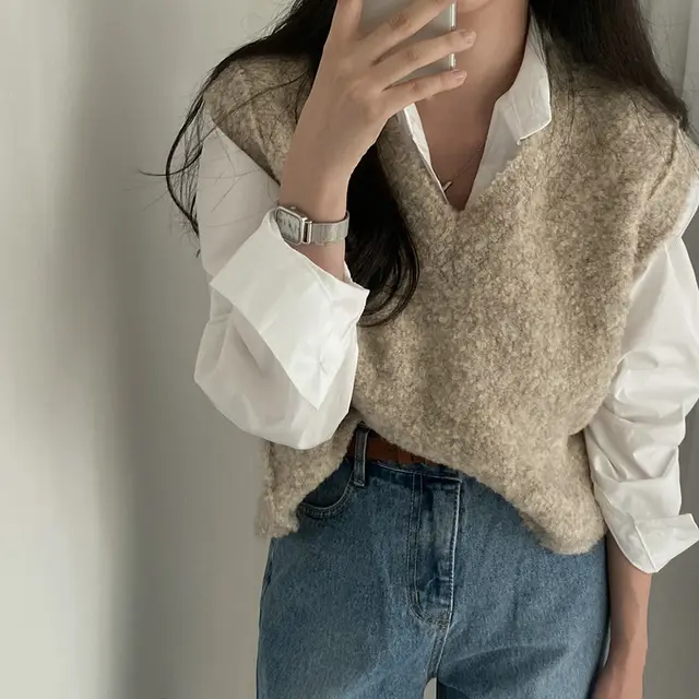 South Korea Chic Warm Furry Sleeveless Vest Retro Loose Khaki - Shop at LoveMi