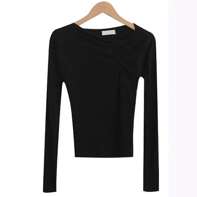 Diagonal Collar Long Sleeved Fitted T shirt Base Solid Color Top Black - Shop at LoveMi