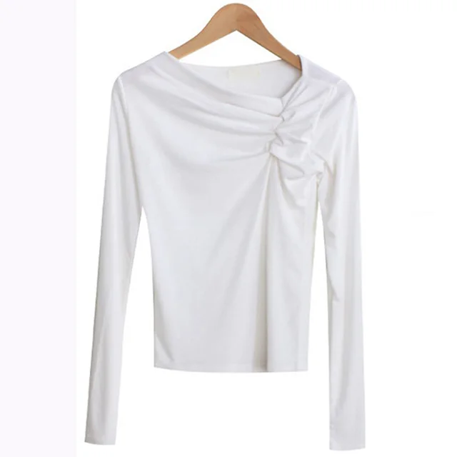 Diagonal Collar Long Sleeved Fitted T shirt Base Solid Color Top White - Shop at LoveMi