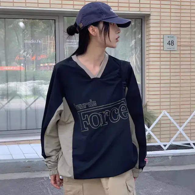 Contrast Color Retro Nylon V neck Korean Style Long Sleeve Black - Shop at LoveMi