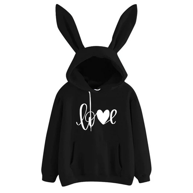Hooded Rabbit Sweater Love Loose Casual Top Black - Shop at LoveMi