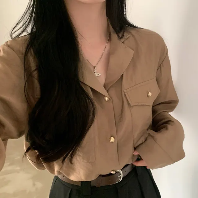 Early Autumn Retro Elegant Suit Collar Double Pocket Metal Breasted Loose Long Sleeve Shirt Khaki - Shop at LoveMi